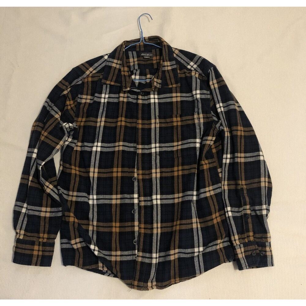 Eddie Bauer Men's XL FLANNEL Plaid 100% Cotton Lightweight Blue Orange White GUC